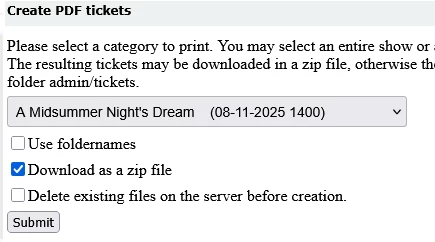 Generate entire collection of PDF Event eTickets and export as a zip file. 